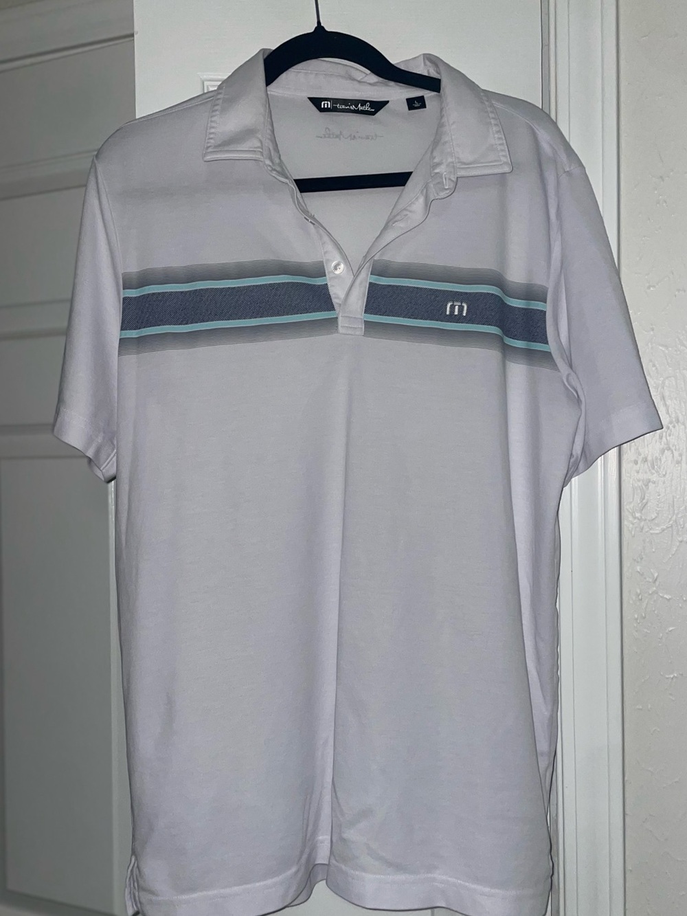TravisMathew White Striped Golf Polo Shirt Large